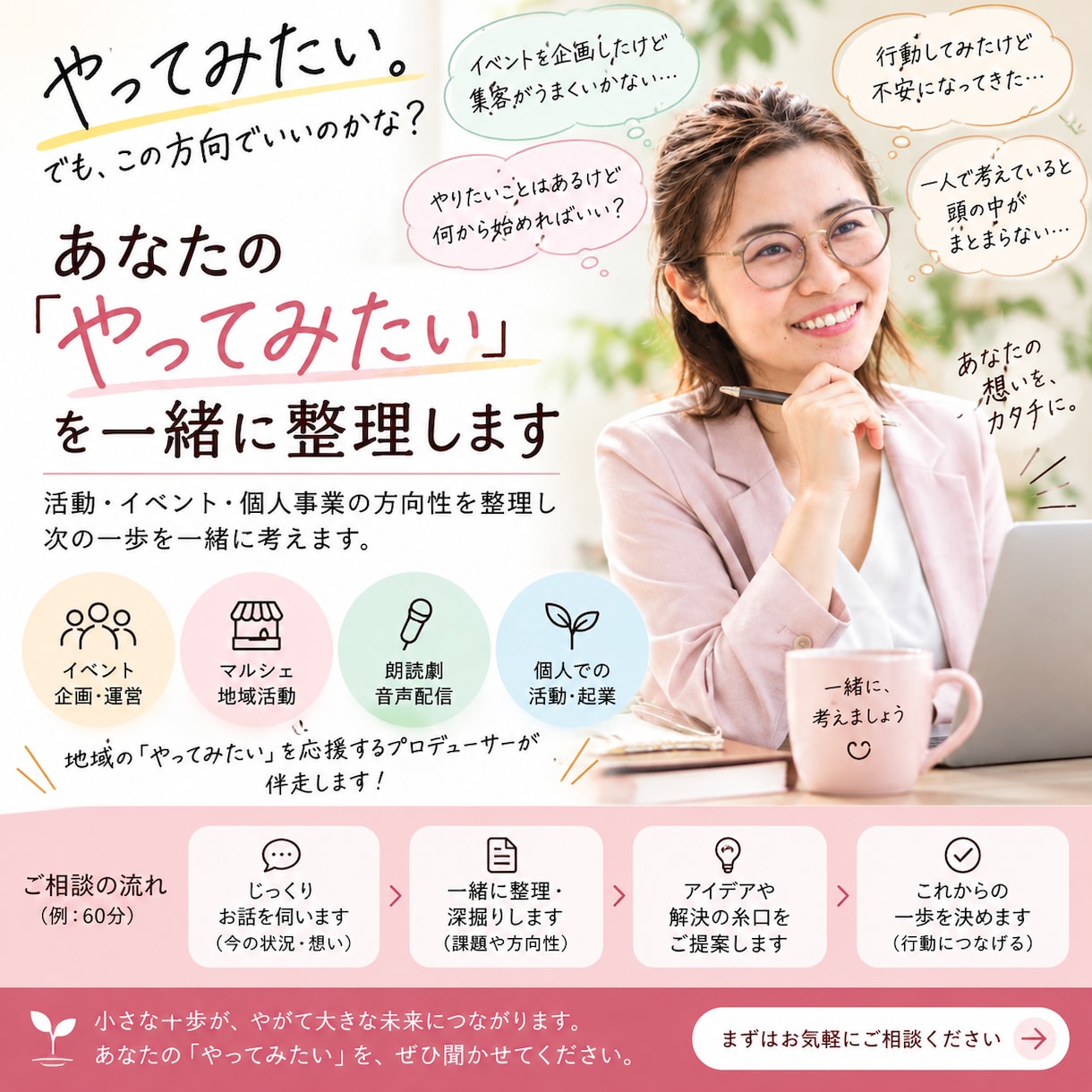 あなたの「やってみたい」を一緒に整理します イベント・個人事業の方向性を整理し、次の一歩を一緒に考えます イメージ1