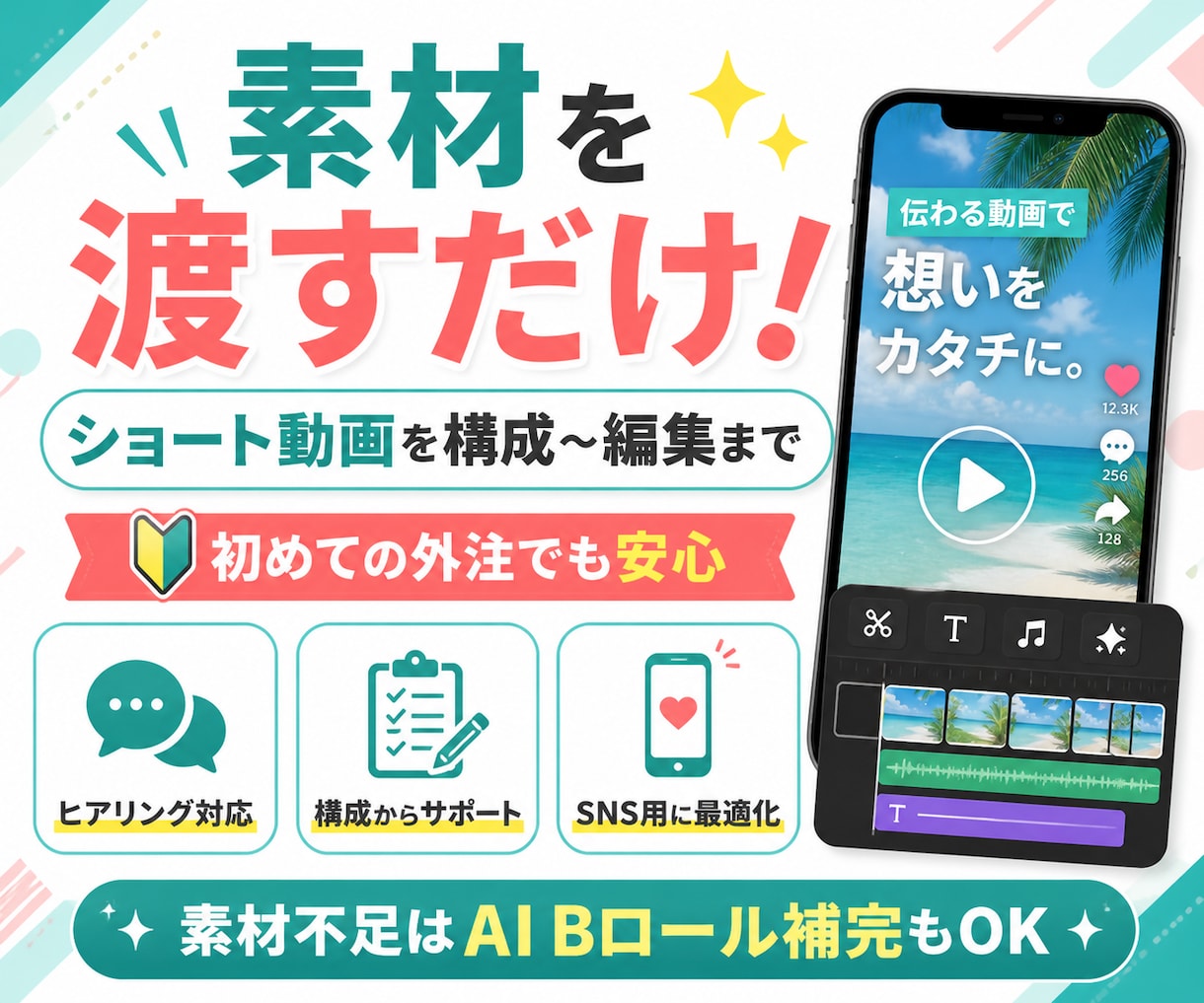 素材を渡すだけ！ショート動画を構成〜編集までします 素材だけでOK！ヒアリング〜編集まで丸ごとお任せください！ イメージ1