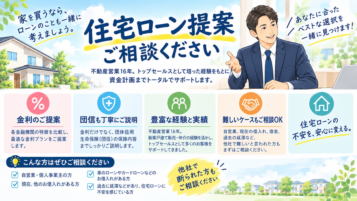 あなたに合った住宅ローンを提供します 担当不動産営業の言う事が不安な方は特に！ イメージ1
