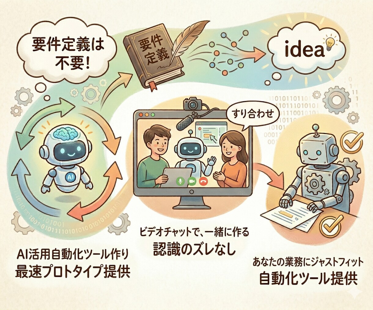 要件定義は不要！AI活用により自動化ツール作ります 事前ヒアリング＆ビデオチャット＆AI活用で、超高速ツール提供 イメージ1
