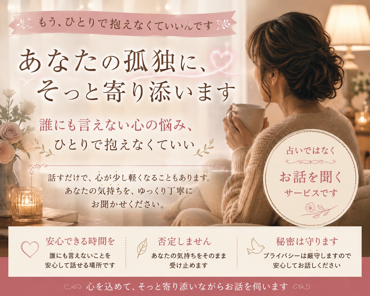 あなたの孤独に、そっと寄り添います 誰にも言えない心の悩み、ひとりで抱えないで！ イメージ1