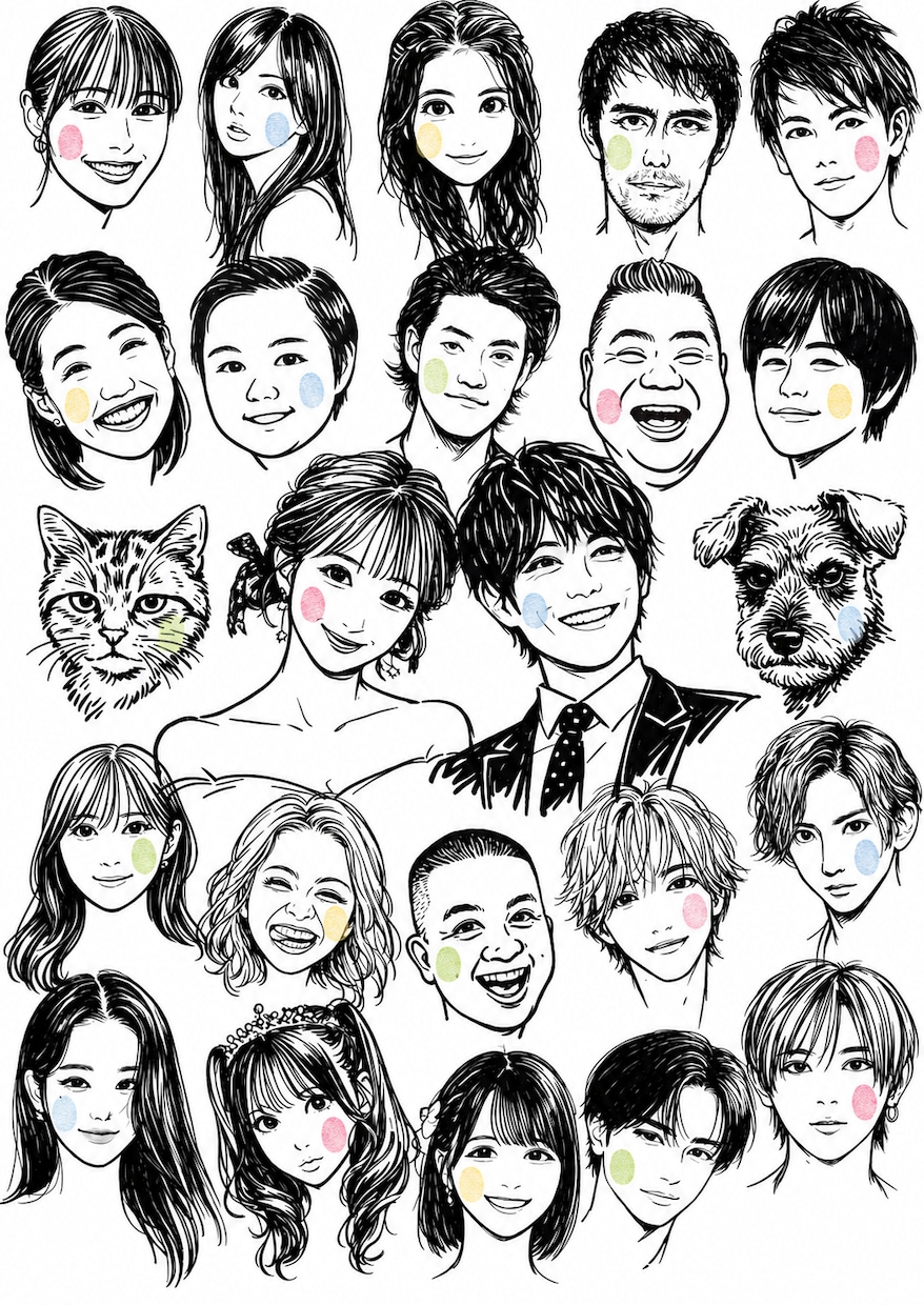 ゲスト参加型　結婚証明書　そっくり似顔絵描きます 2人2,000円　1人追加毎+500円　大人数◯ イメージ3