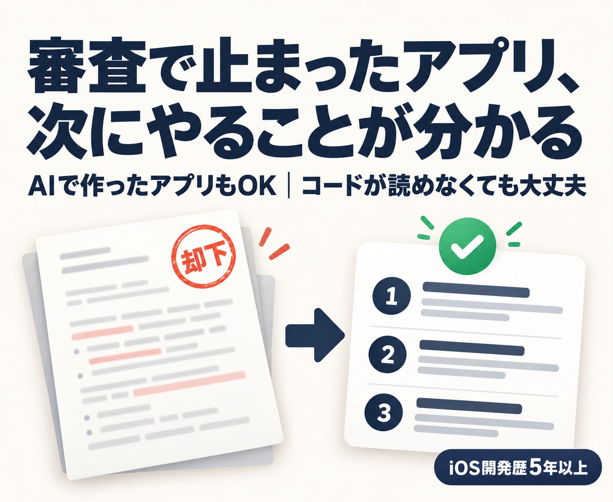 AIで作ったiOSアプリの審査落ちを診断します 却下文の読み解きから、AIに貼れる修正指示までお渡し イメージ1