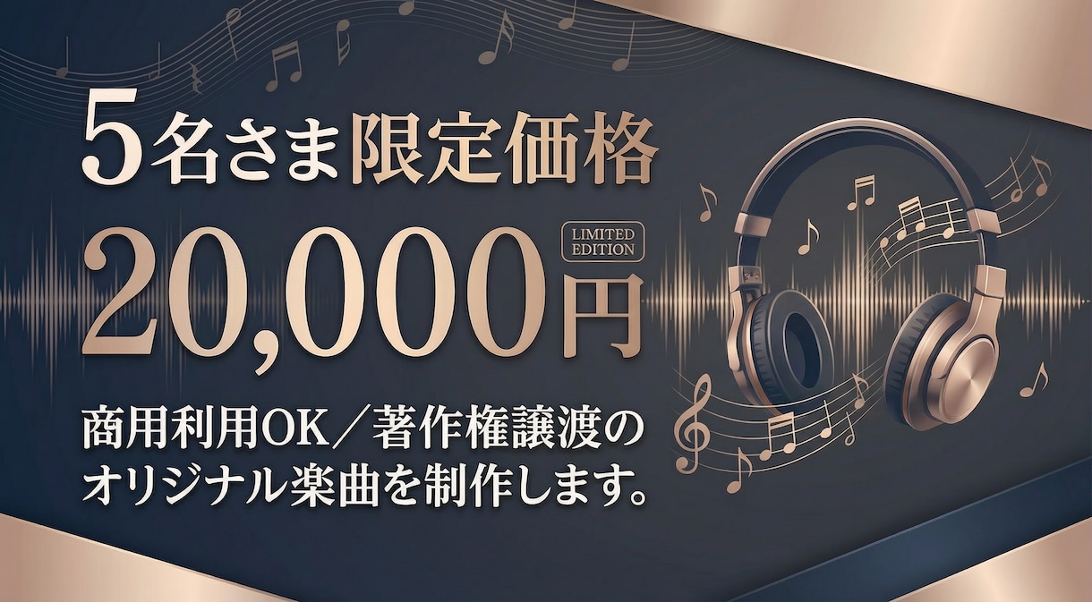 ５名さま限定価格で、オリジナル楽曲を制作します 商用利用OK／著作権譲渡のオリジナル楽曲を制作します。 イメージ1