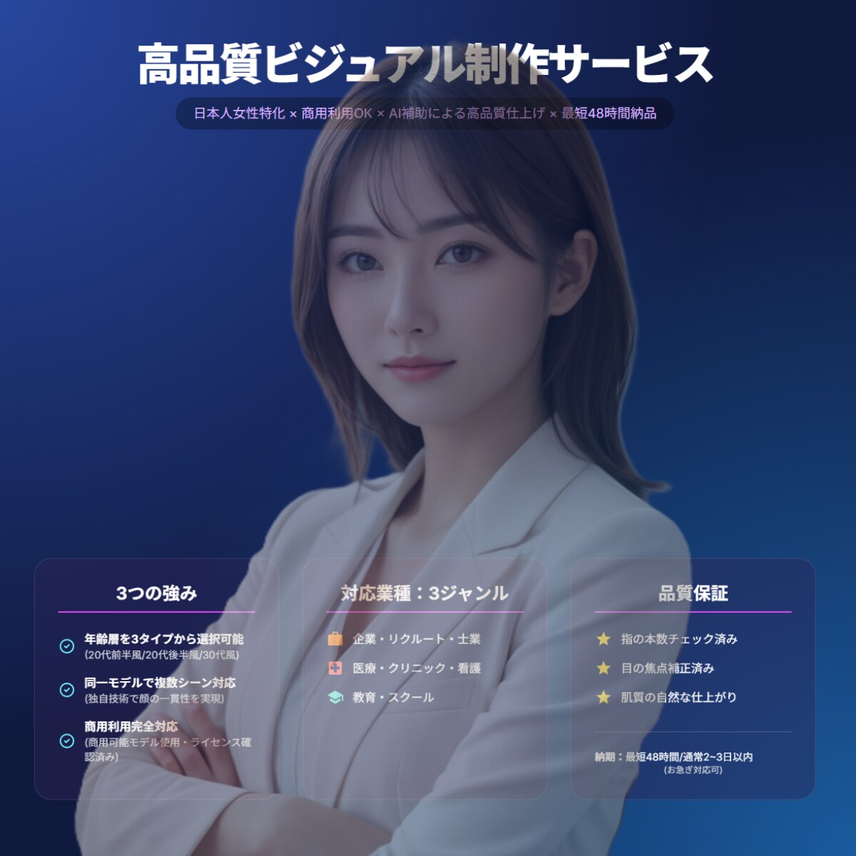 商用利用可｜日本人女性特化ビジュアルを制作します ビジネス・医療等3業種対応｜高品質＆商用利用OK・実写風 イメージ1