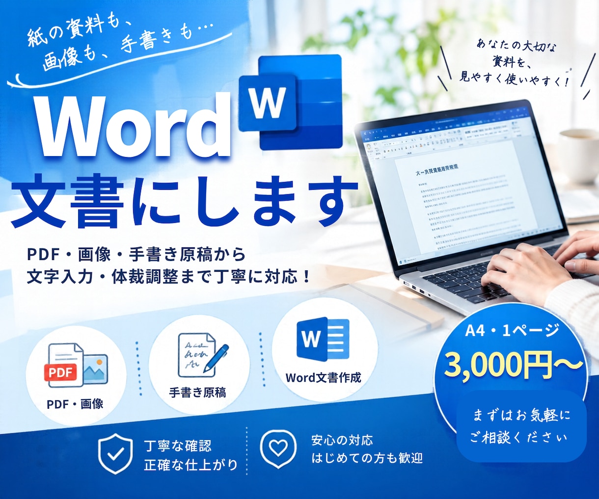 PDF・画像・手書き原稿をWord文書にします 文字入力から体裁調整まで対応！A4・1ページ3,000円〜 イメージ1