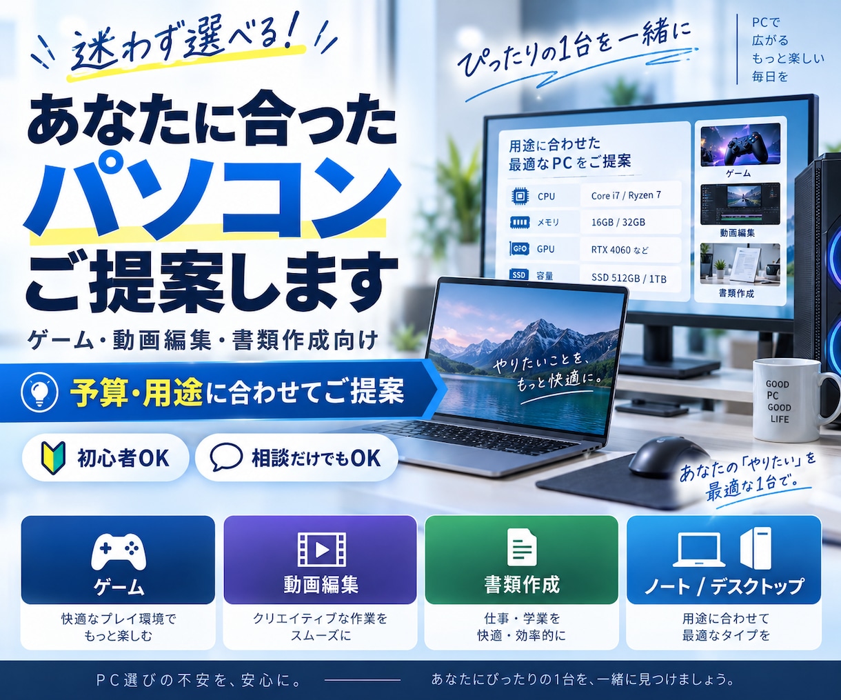 あなたに合ったパソコンご提案します ゲーム、動画編集、書類作成向けのパソコン選びに迷っている方 イメージ1