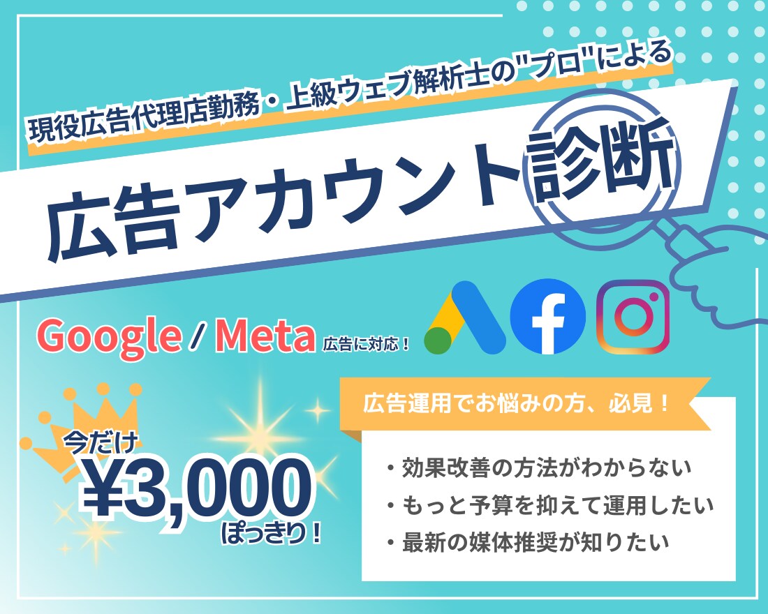 限定3000円/Web広告運用プロが個別相談します 施策提案・改善提案・成果計測・運用指導が必要な方へ。 イメージ1