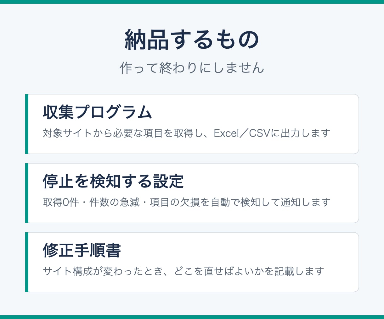 スクレイピングで止まらない収集の仕組みを作ります 納品後に止まることまで考えて設計｜3ヶ月間初回調査無償 イメージ3