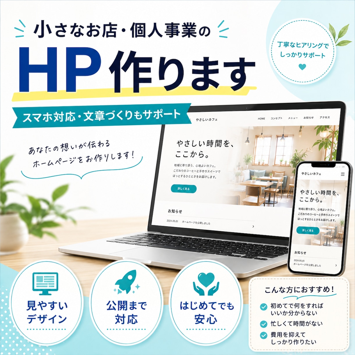 小さなお店・個人事業のHPを丁寧に作ります 文章づくりから公開まで、まるっとお手伝いします イメージ1