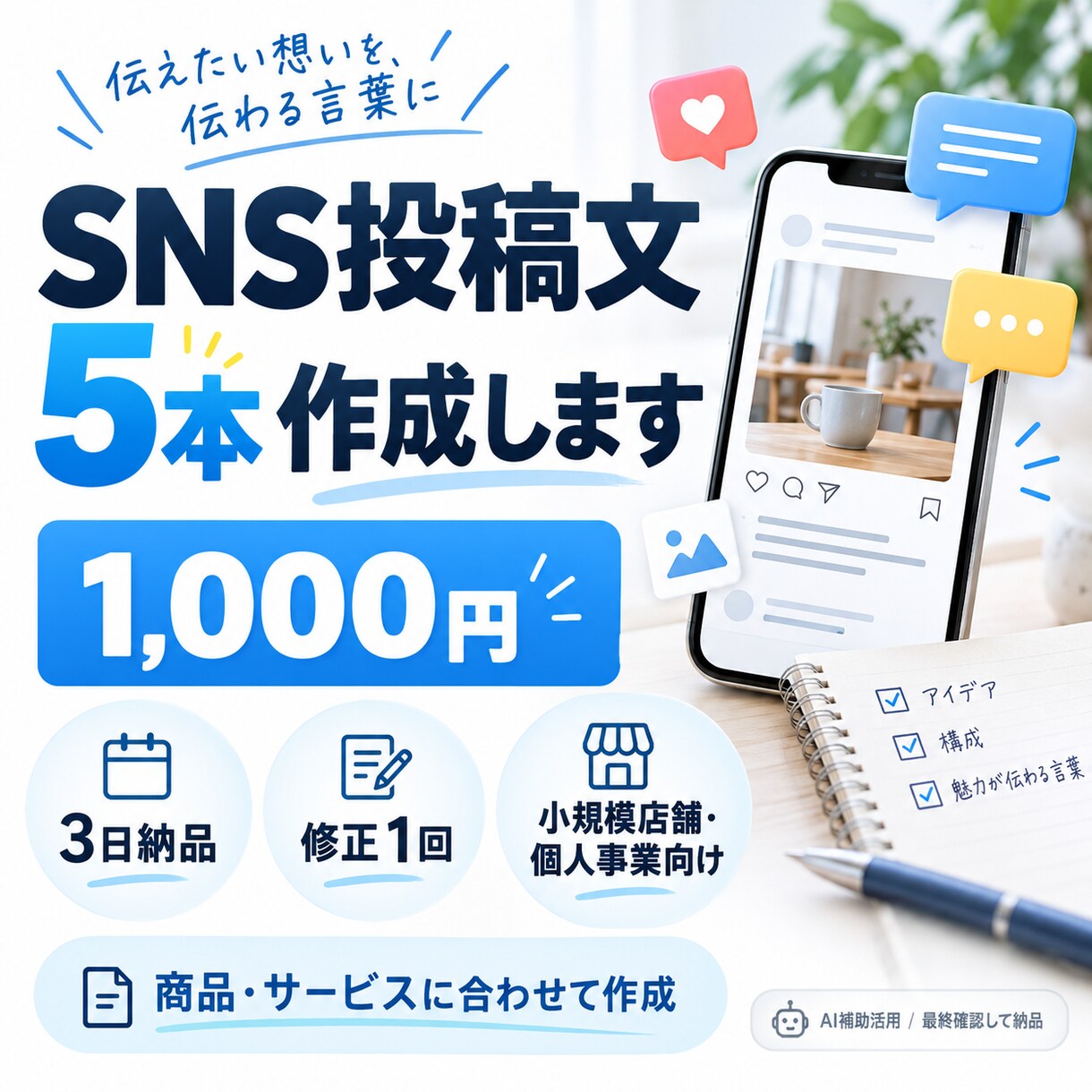 商品に合わせたSNS投稿文を5本作成します 店舗・個人事業・ネットショップの発信を文章でお手伝い イメージ1