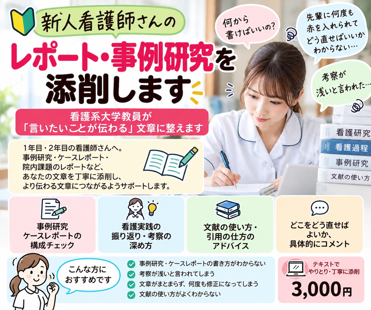 新人看護師のレポート・事例研究を添削します 看護系大学教員が伝わる文章に一緒に整えます イメージ1