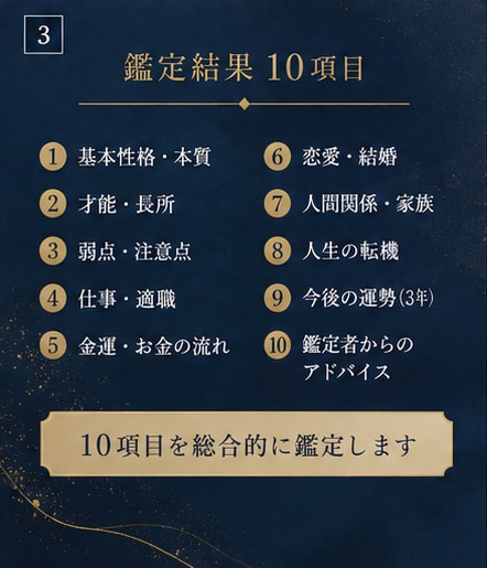 古典四柱推命であなたの本質と可能性を鑑定します あなたの本質から仕事・人間関係・強みまで10項目を徹底鑑定 イメージ3