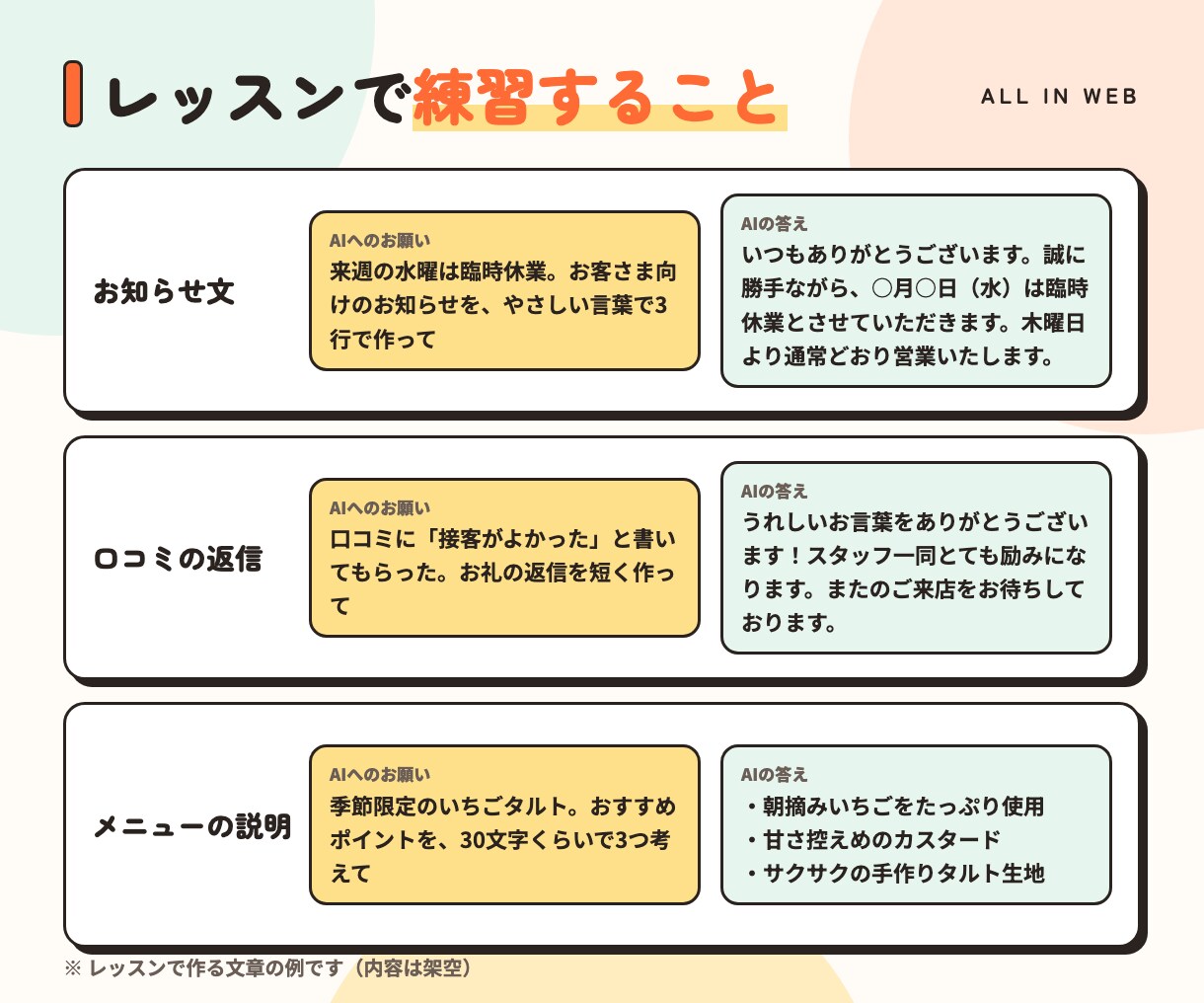 ChatGPT・Claudeをお店向けに教えます 個人店・個人事業主向け｜あなたの仕事で一緒に練習 イメージ4