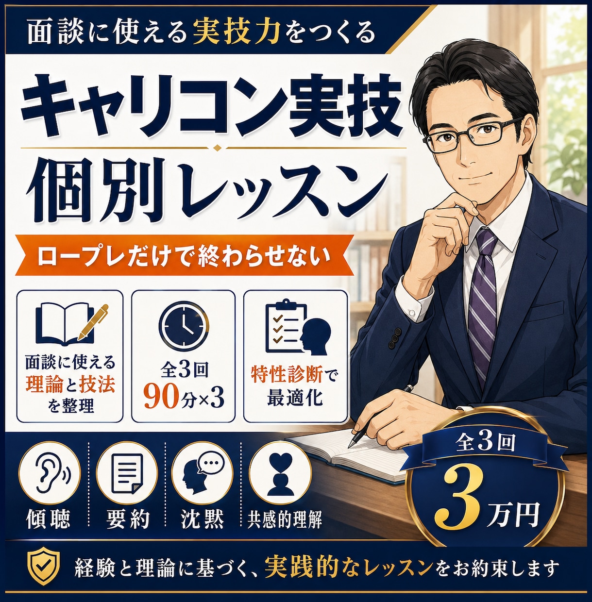 キャリコン面談実技を個別に最適化した練習で高めます 特性別｜90分×3回｜沈黙～理論活用で面談全体を構造的に理解 イメージ3