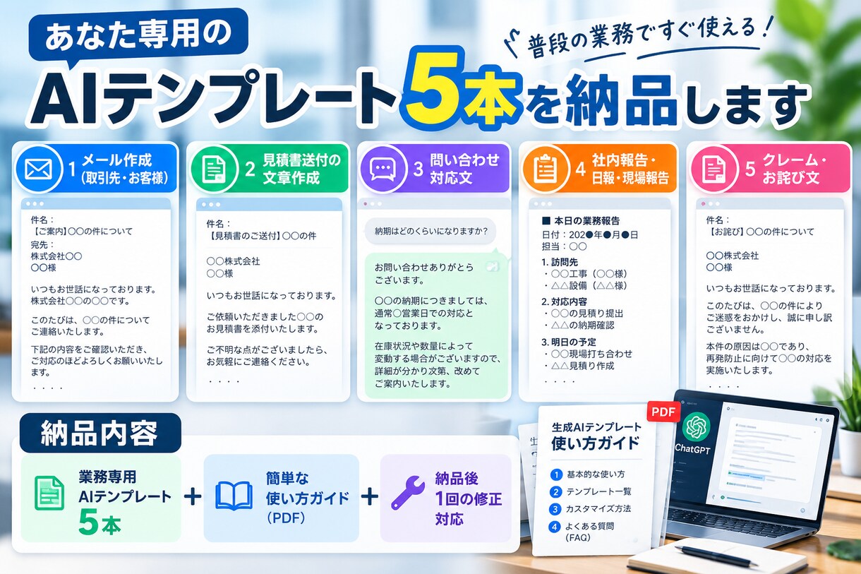あなた専用の生成AI業務テンプレートを5本作ります 面倒なメール・見積送付・報告業務をラクにします イメージ2