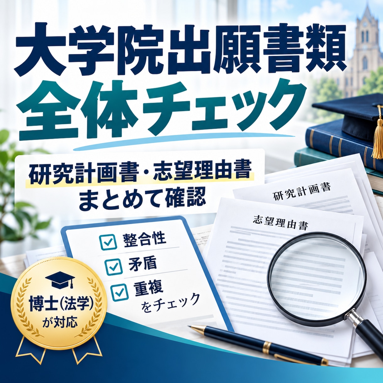 大学院出願書類一式｜内容の整合性をチェックします 税法大学院免除研究計画書・志望理由書を博士（法学）が横断確認 イメージ1