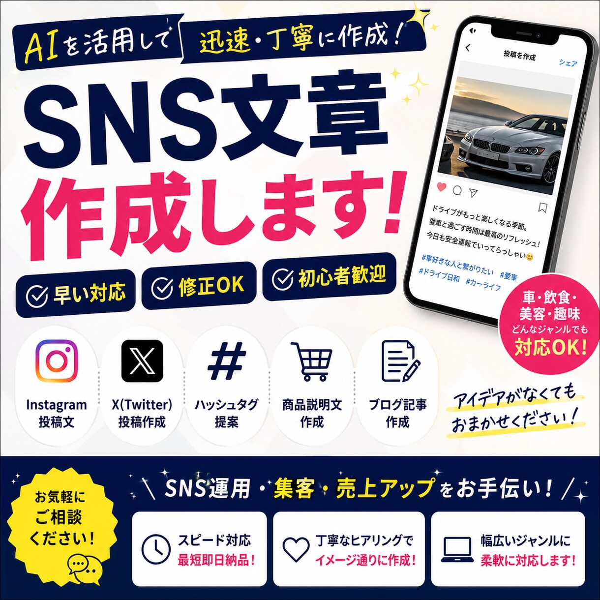 AI活用でSNS文章作成します AI×人高品質、高速、低予算を実現!ゲーム、投資、車強いです イメージ1