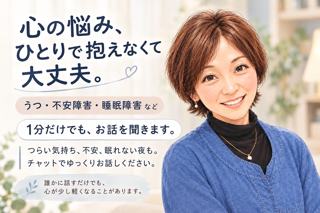 鬱や精神疾患パニック、不安な気持ち私が受け取ります 悩み続けてきた当事者です。不安な気持ちそのままお聴きします。 イメージ1