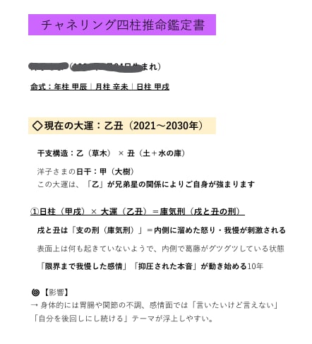チャネリング四柱推命鑑定書作成します 「宇宙エネルギー四柱推命」で詠む宇宙時間に刻まれたレター イメージ3