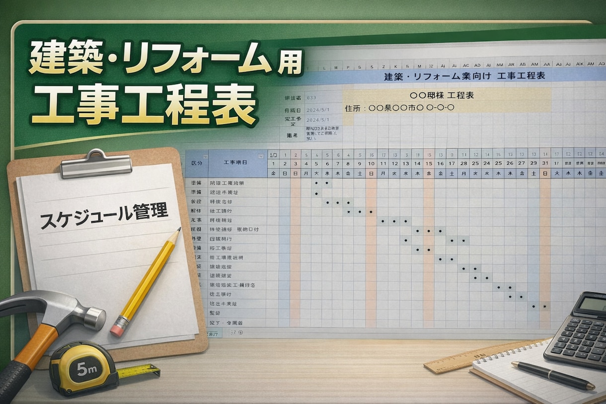 建築・リフォーム業向け工程表テンプレを販売ます 日付と曜日が自動表示の実務用 15〜30字で収まる イメージ1