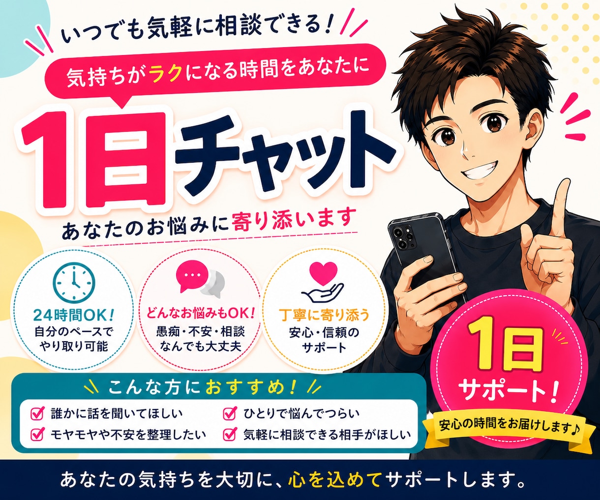 1日チャットでお話ができます 1日/5往復まで/お悩み/お話し相手/雑談/恋愛相談 イメージ1