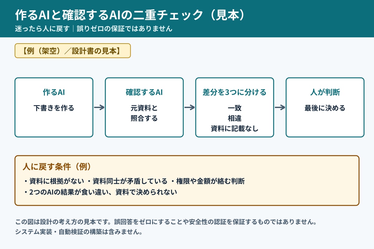 生成AIと検証AIの二重チェック体制を設計します 作るAI・確認するAI・人の手順を仕様書に イメージ2