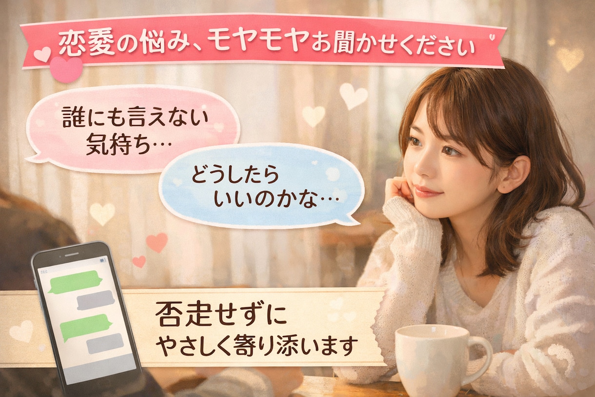 恋愛の悩み、その他、否定せずにじっくりお聞きします うまく話せなくても大丈夫。気持ちのまま打ってください！ イメージ1