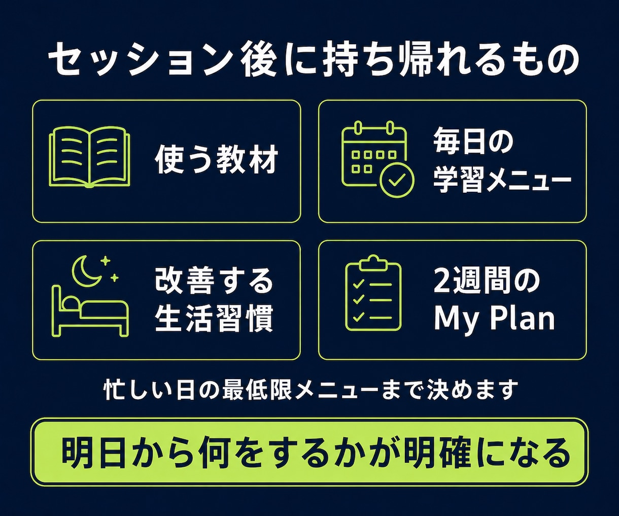 忙しい社会人向け英語コーチングします 仕事・育児で続かない方へ｜60分で2週間の実行計画を作成 イメージ4