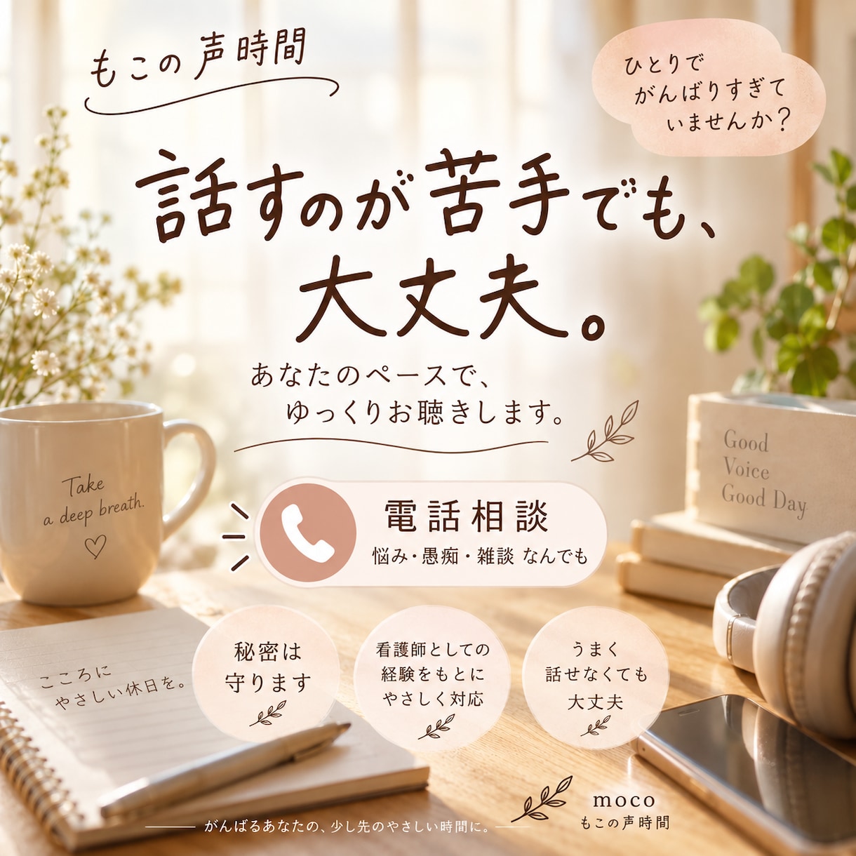 看護師があなたのお話をやさしく丁寧に聴きます うまく話せなくても大丈夫。あなたのペースで イメージ1