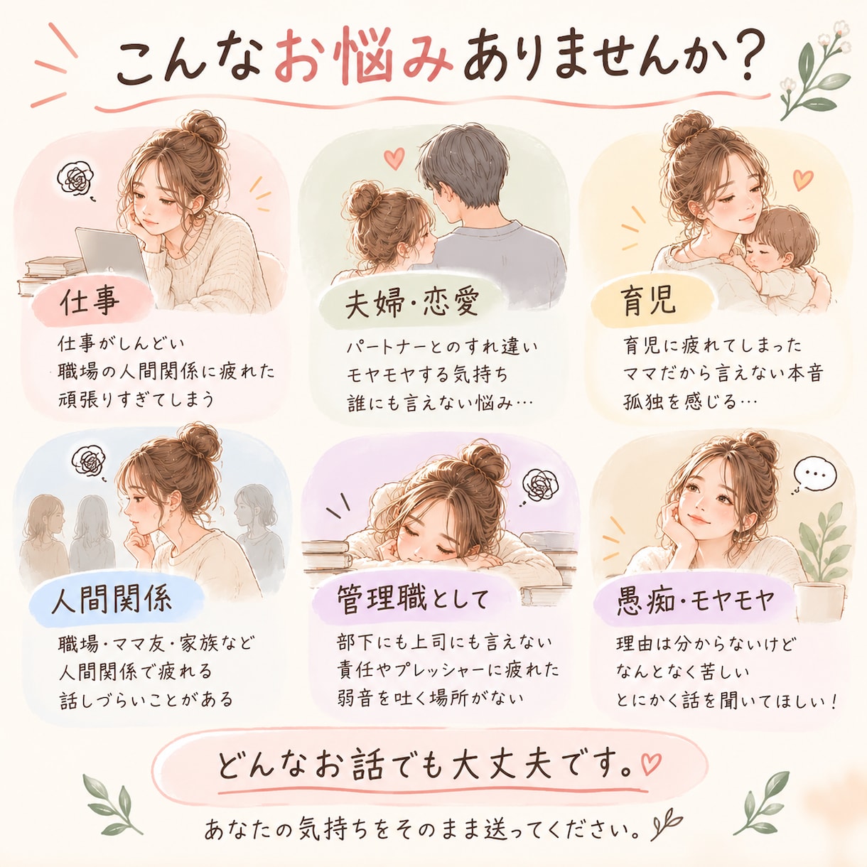 誰にも言えない本音モヤモヤをチャットでお聞きします 仕事・夫婦・育児・人間関係｜あなた専用の話せる場所になります イメージ2