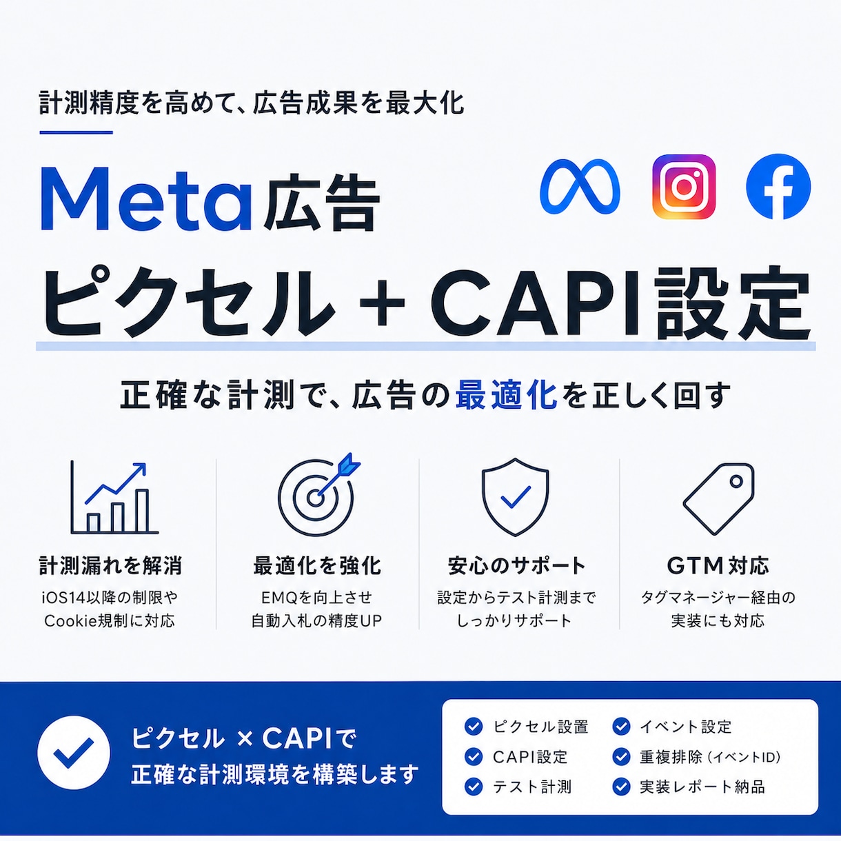 Metaのピクセル/CAPI計測を構築しますます 計測をピクセル+CAPIで立て直し、成果につなげます イメージ1