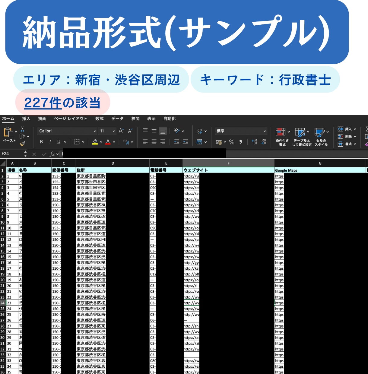 指定エリア×業種の営業先リスト500件を作成します すぐ使えるリストをExcelで納品します！最短で即日対応！ イメージ2