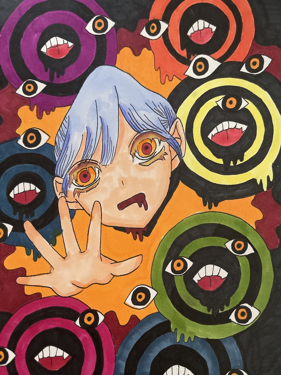 自己の感情を表現した作品を作成します 作品名：メニエール病ぐるぐる回る イメージ2