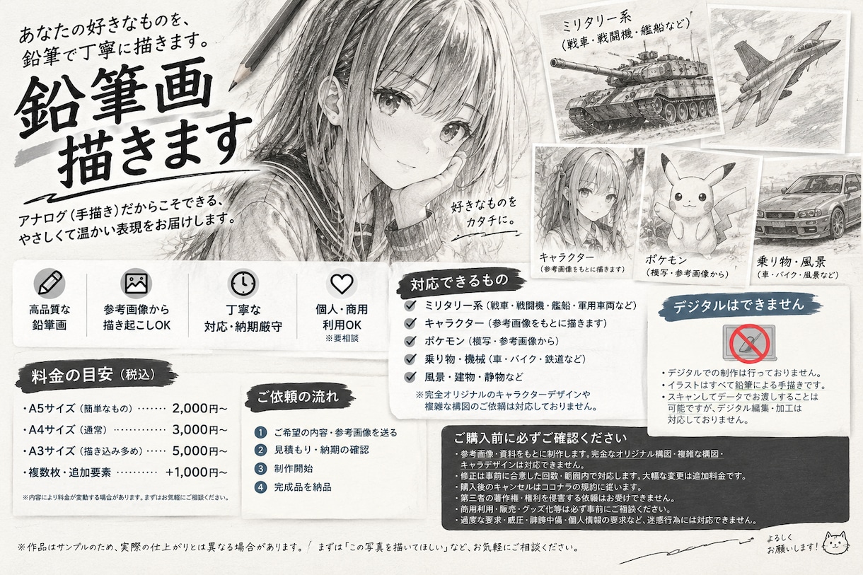 二次元キャラ・ミリタリー等を鉛筆で手描きします 鉛筆による完全アナログ制作です。デジタル不可 イメージ1