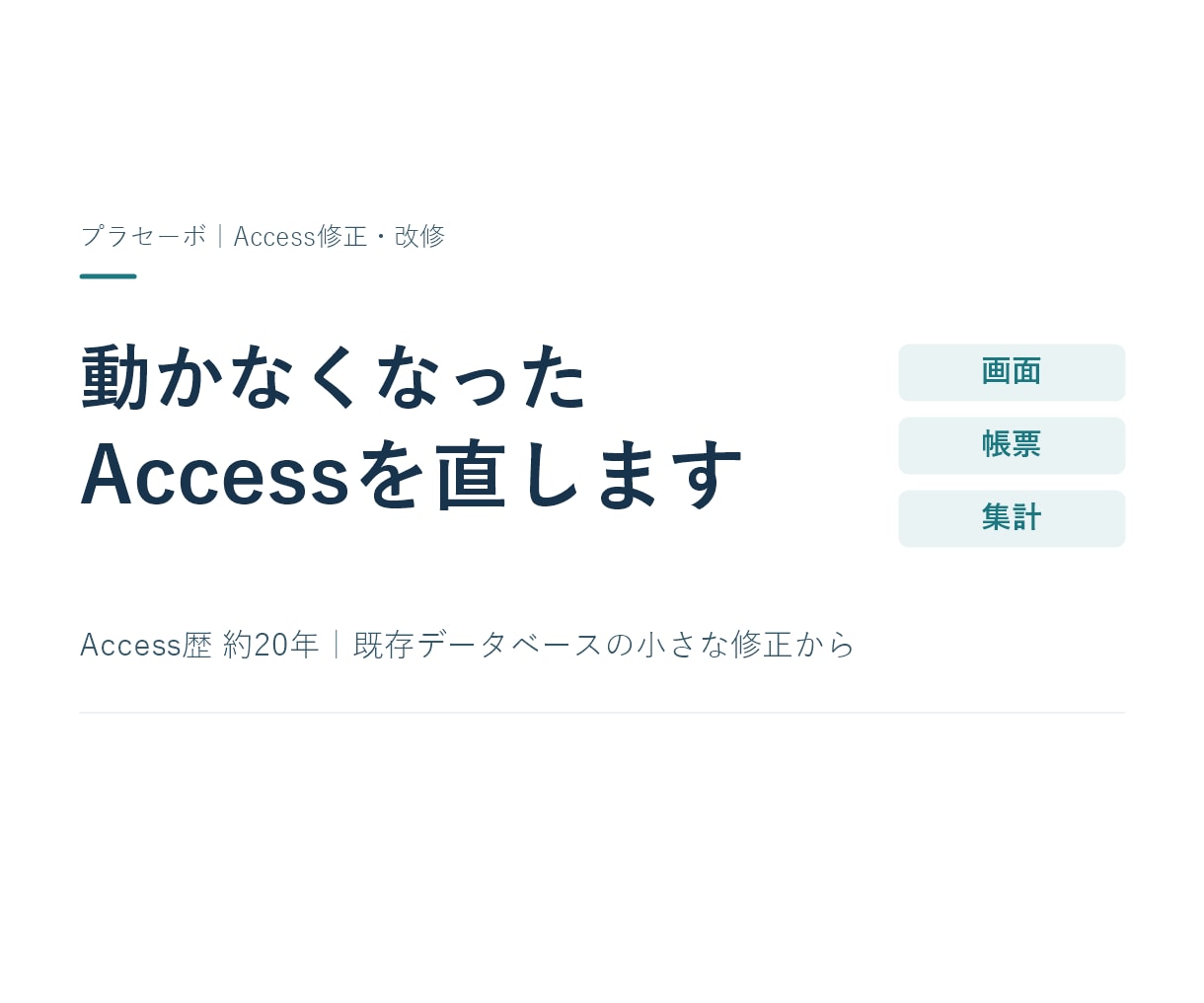 Access歴約20年｜不具合を1つずつ直します 画面・帳票・集計・VBAの困りごとを1つずつ修正 イメージ1