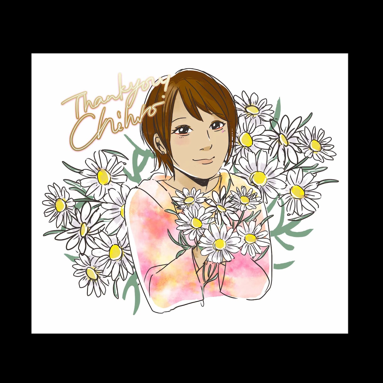 好きなお花に囲まれた似顔絵をカラーで描きます 私はちなみに向日葵と椿が好きですね イメージ1