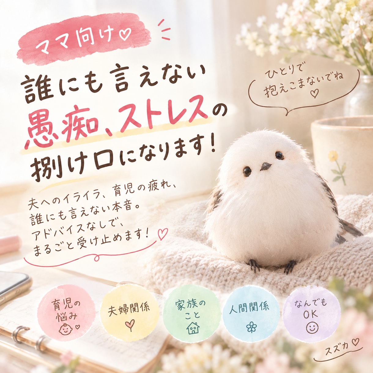 60分対応！誰にも言えない愚痴、悩み吐き出せます 「もう無理！」って叫びたいママへ。ここでは我慢しないで！ イメージ1