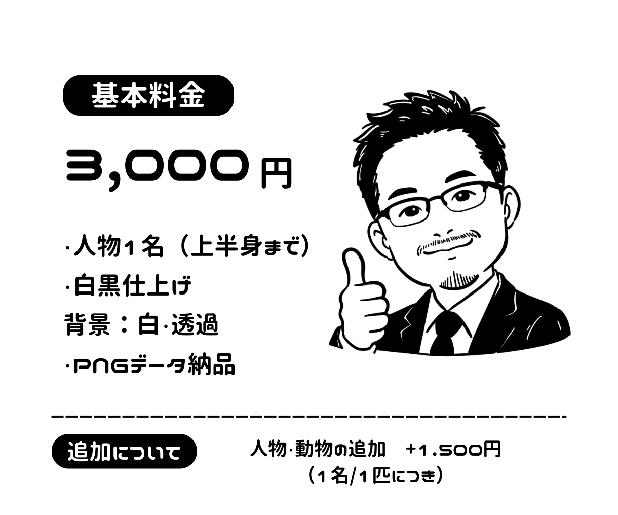 白黒で特徴を捉えた似顔絵をお描きします 商用利用可能！SNS・名刺・プロフィールにおすすめです！ イメージ2