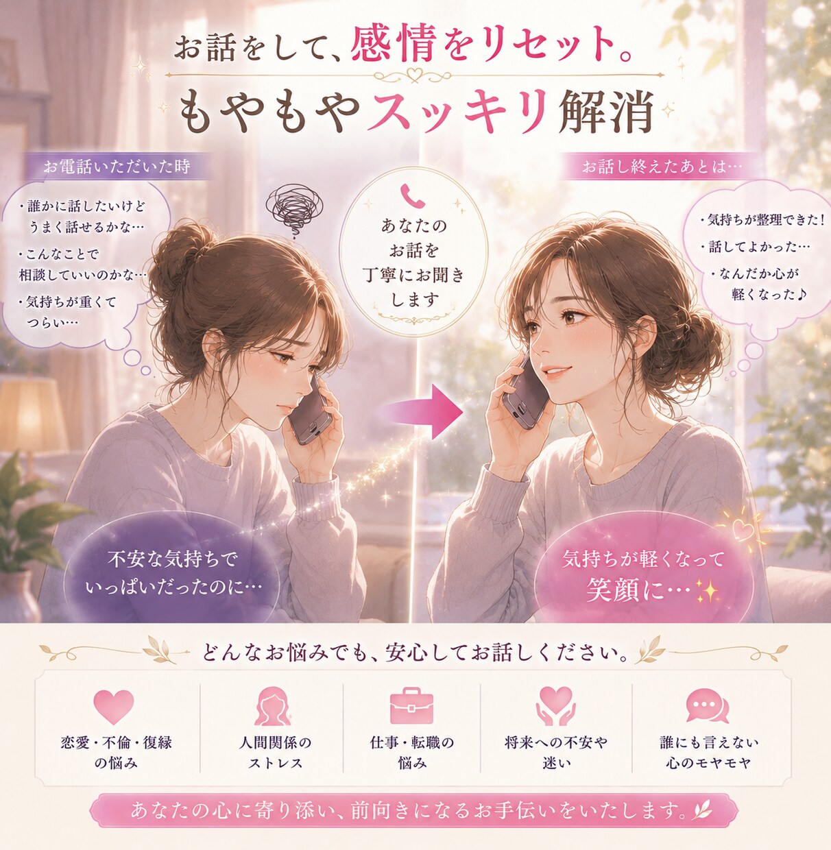 職場のストレス、転職の迷い、仕事の悩みをお聞きます 占いでもお話だけでもOK、あなたの気持ち大切に受け止めます。 イメージ3