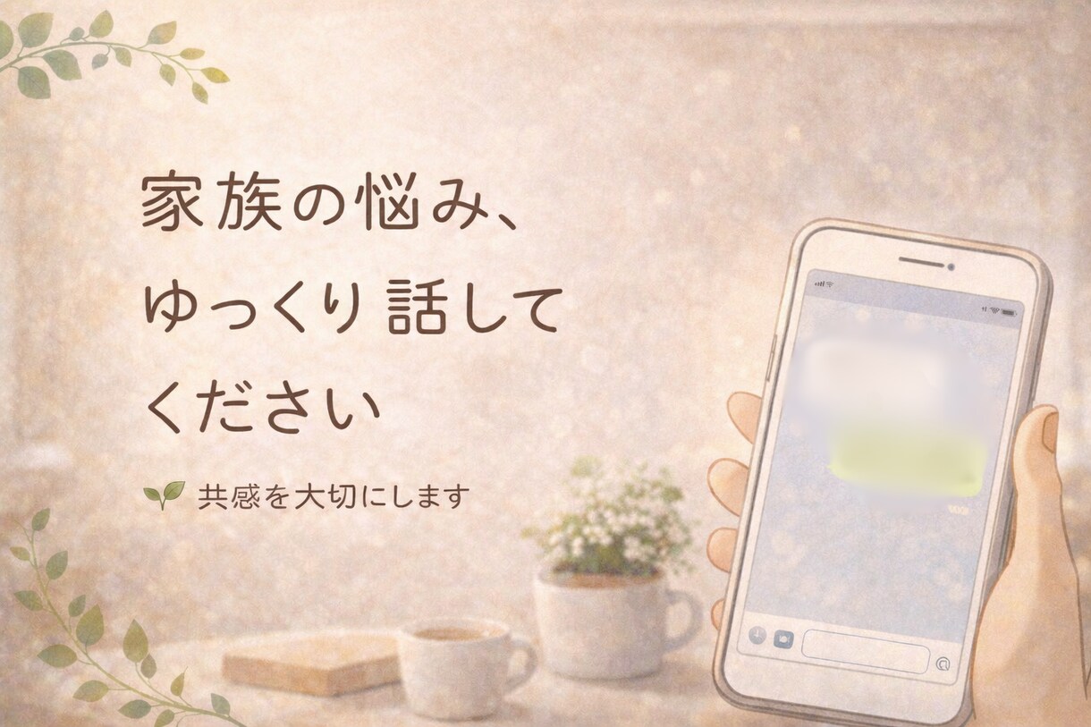 電話不要。家族や友人の悩みを文字でゆっくり聴きます 電話が苦手でも大丈夫。心のモヤモヤ文字で優しく受け止めます。 イメージ1