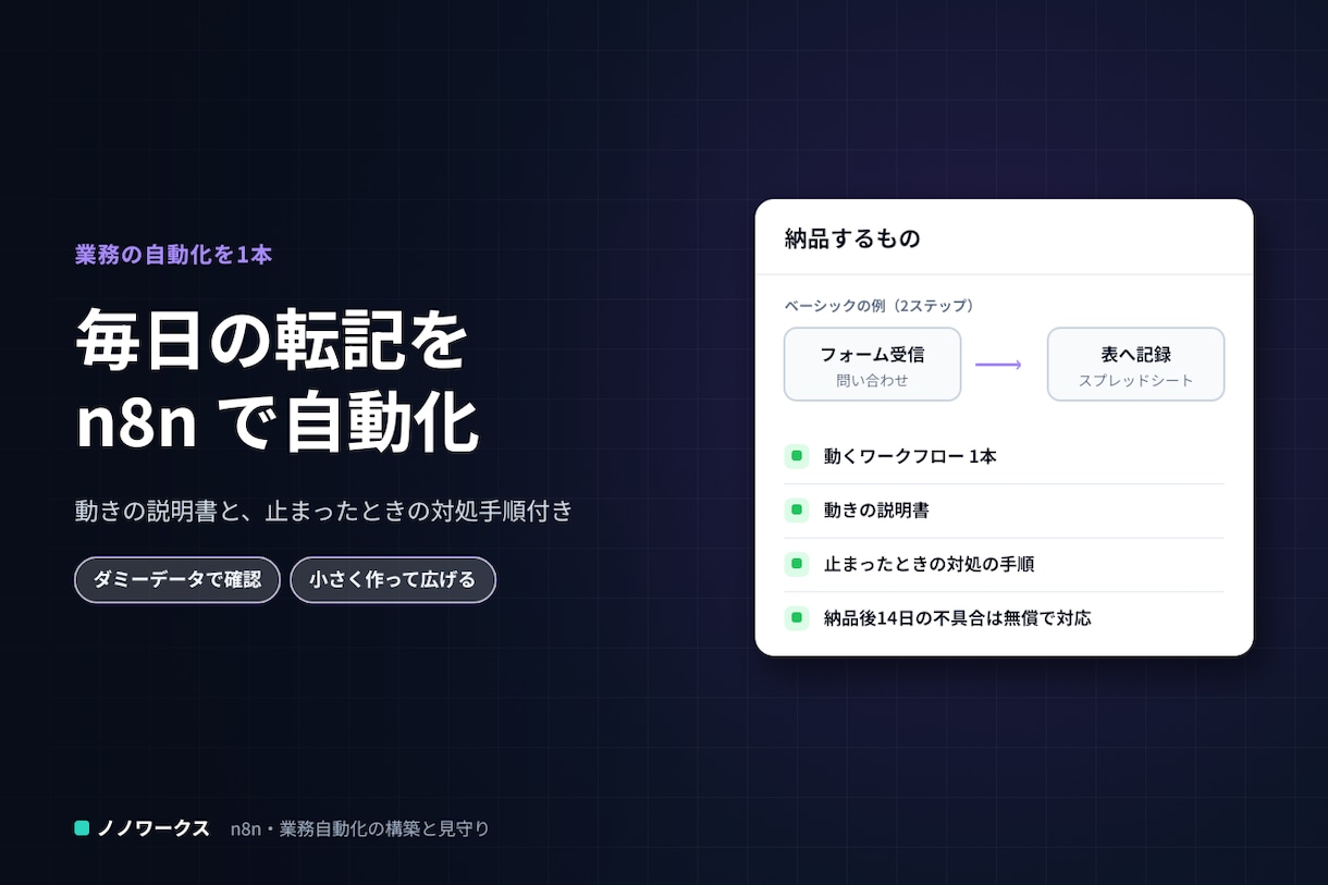 毎日の手作業をn8nで自動化します フォームから表への転記などを、止まりにくい形で組みます イメージ1