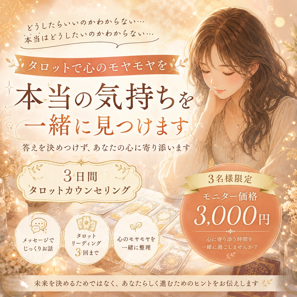3日間タロットで心のモヤモヤを一緒に整理します 「本当はこうしたかった」その気持ちに気づくお手伝いをします イメージ1