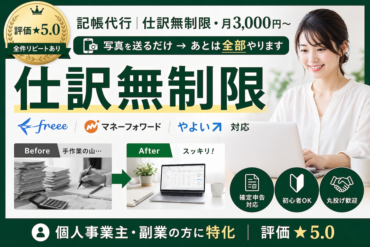 記帳代行｜仕訳無制限クラウド経理対応します 写真を送るだけ。記帳は全部お任せください。 イメージ1