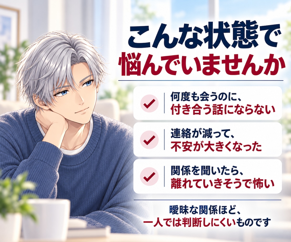 付き合う前の彼の男心と曖昧な関係を整理します 何度も会う・身体の関係・連絡減少｜男性心理を電話で整理 イメージ2