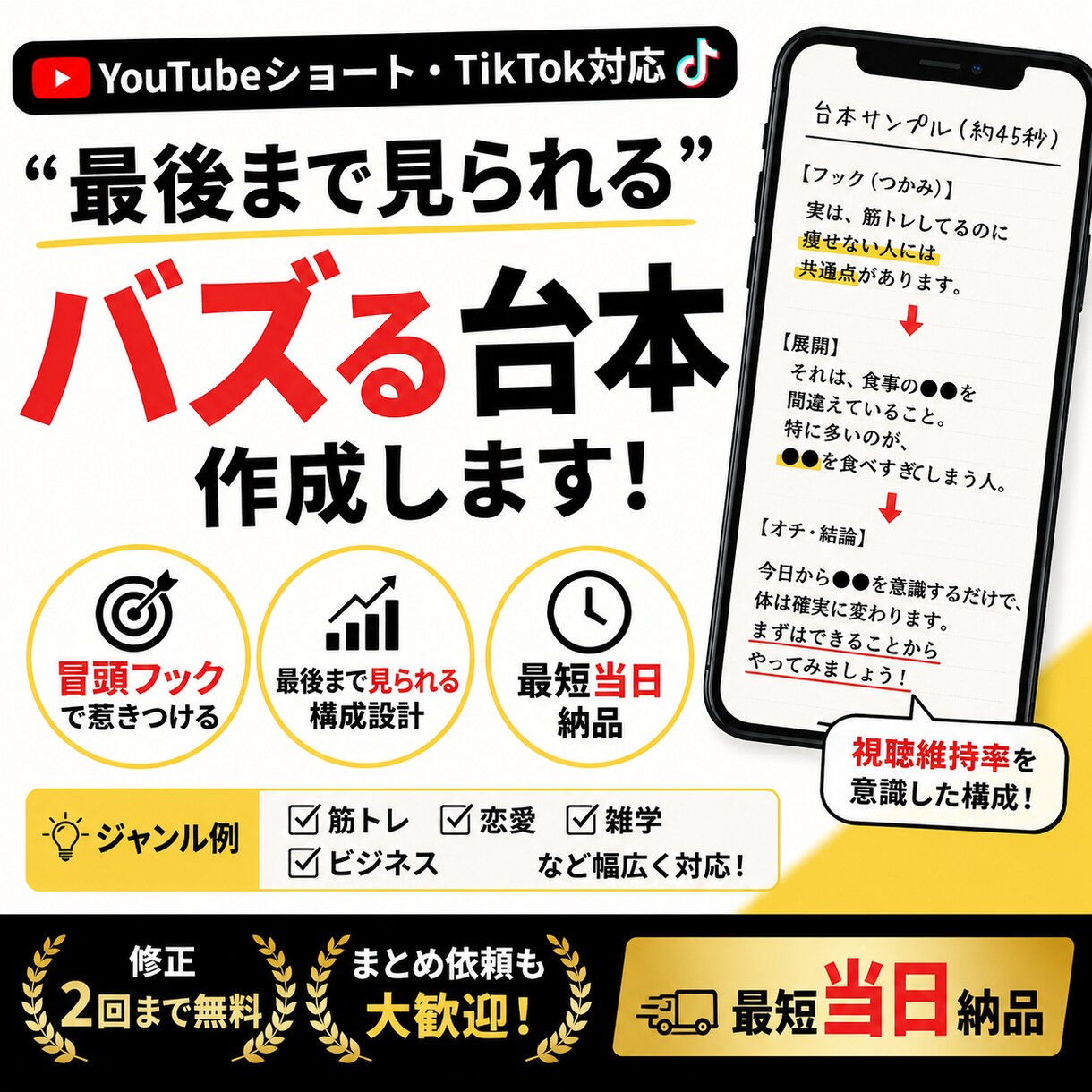 最短当日！バズる台本作成します バズる構成で最後まで見られる台本作成 イメージ1