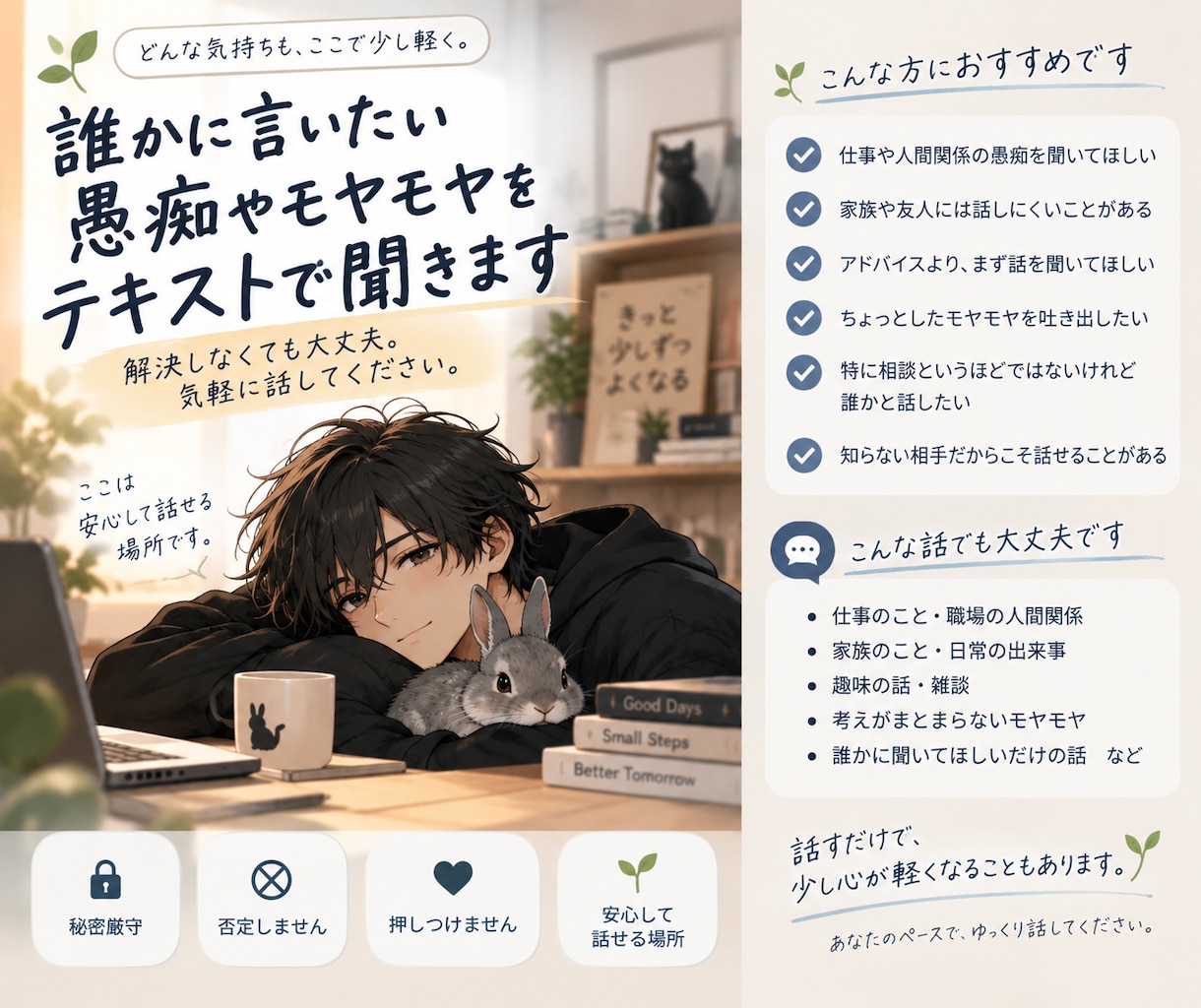 愚痴・雑談・ちょっとした相談をテキストで聞きます 人間関係・日常の悩みから、スマホ・PCの簡単な相談まで対応。 イメージ1