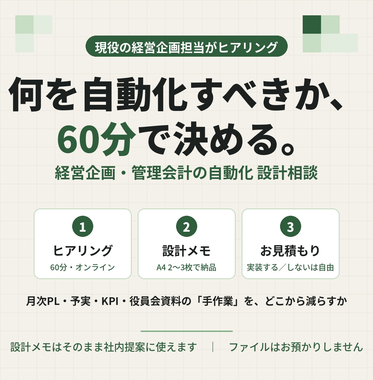 経営企画・管理会計の自動化を60分で設計します 何を自動化すべきか、現役の経営企画が一緒に決めます イメージ1