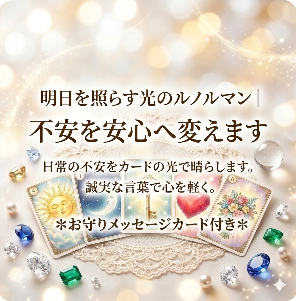 明日を照らす光のルノルマン｜不安を安心へ変えます 日常の不安をカードの光で晴らします。誠実な言葉で心を軽く。 イメージ1