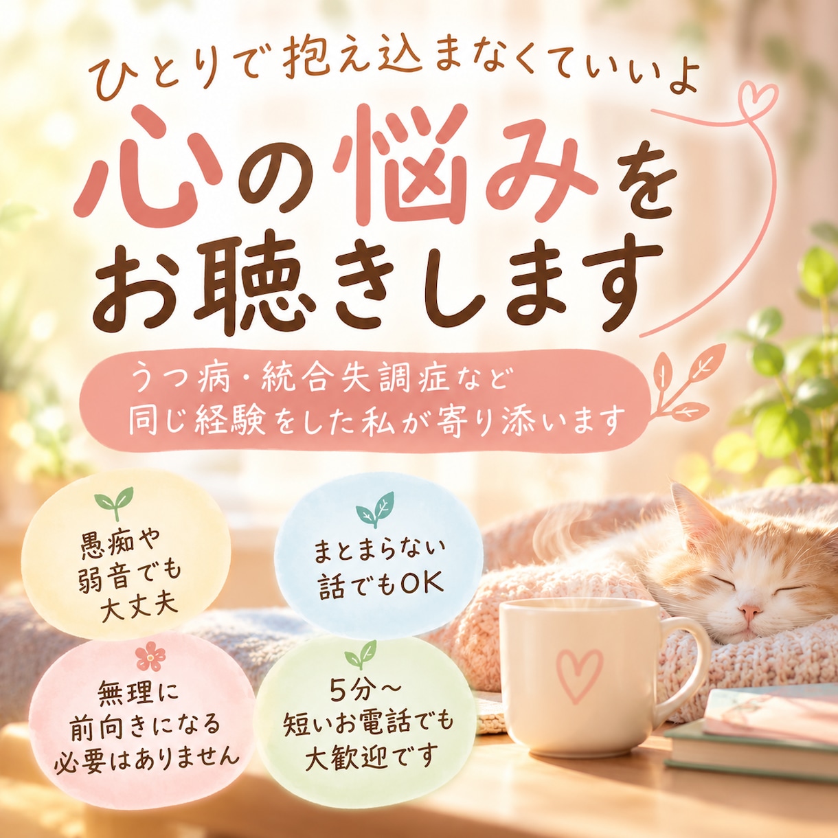 うつ病、統合失調症など心の悩みをお聴きします 経験者としてあなたに寄り添いたい イメージ1